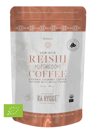 BIO KAWA z REISHI Ra Hygge w ziarnach - ekologiczna, niskokwasowa z ekstraktem Reishi (100g)